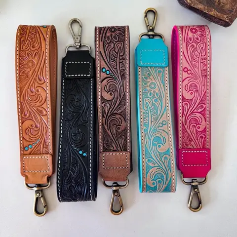Western Hand-Tooled Leather Wristlet Strap Keychain