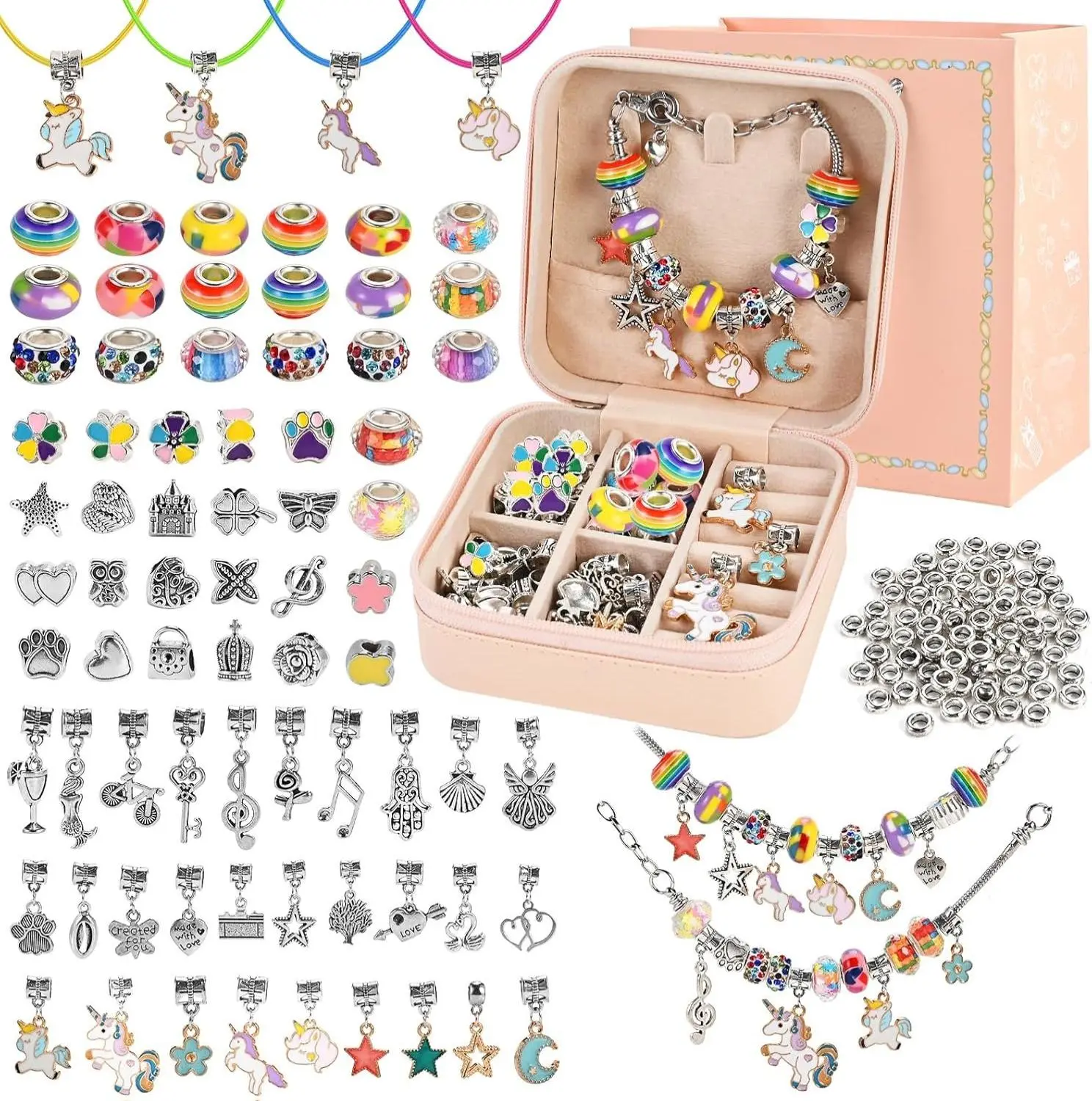 Charm Bracelet Making Kit for Girls Ages 3-12 | 165 Pcs Jewelry Making Kit Supplies for Adults | DIY Jewelry Crafts with Nice Box | Unicorn Mermaid Themed Gift for Kids Birthday Christmas Party