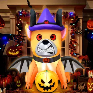 5ft Halloween Inflatable Devil Puppy with Witch Hat & Pumpkin Wings Outdoor Decorations Built-in Glowing LEDs Waterproof Yard Ornaments for Spooky Halloween ideal holiday gift horror light decorative