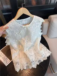 New Traditional Lace Embroidery Slit Collar Fitted Vest for Women Womenswear Summer High-Quality Chic Elegant Gentle National Style Sleeveless Top