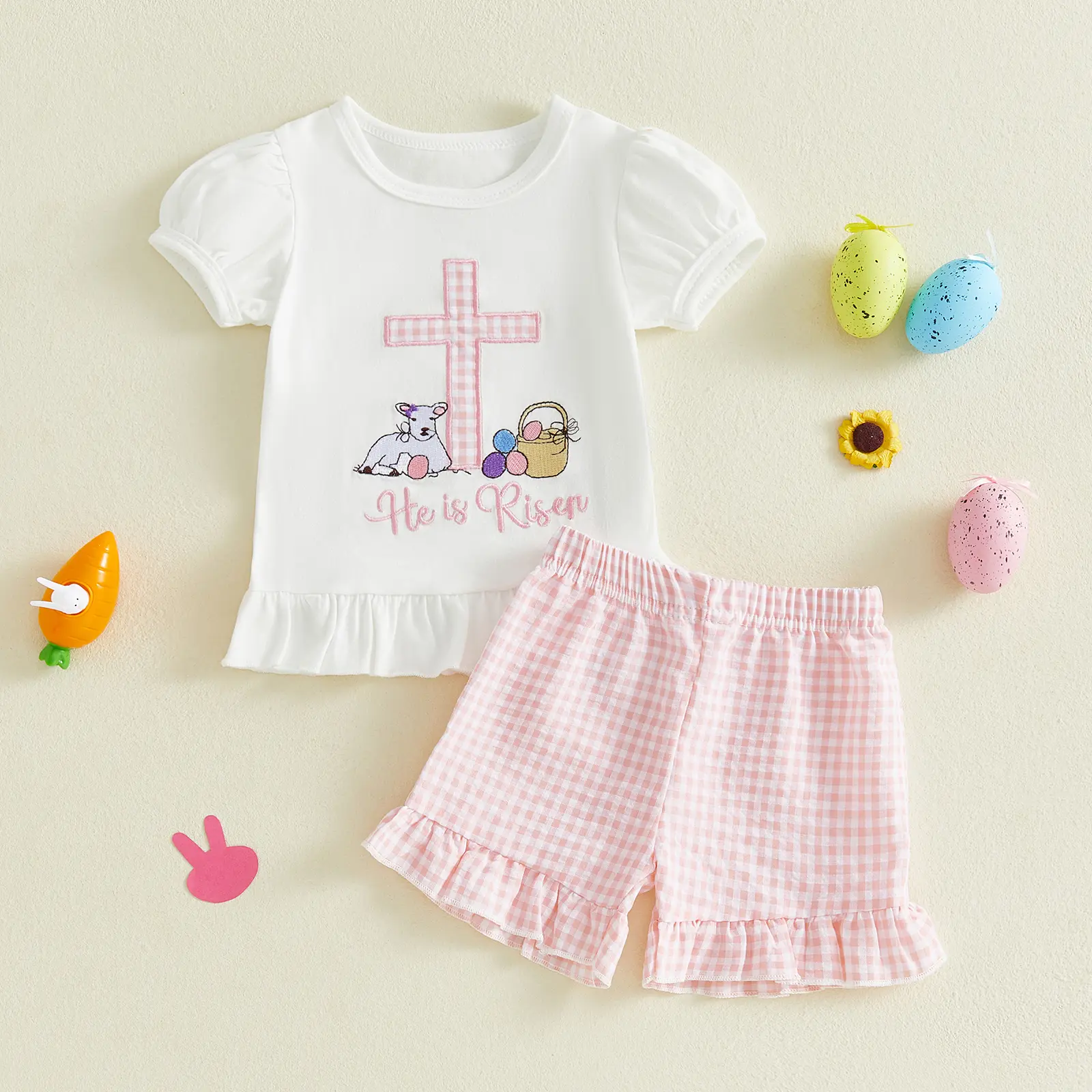 Baby Girl Clothes 2-Piece Casual Easter Set for Toddlers (3M-3Y) - Cross Embroidery Adds Charm, Ready-Made Top + Shorts, Plaid Shorts, Saves Outfit Planning