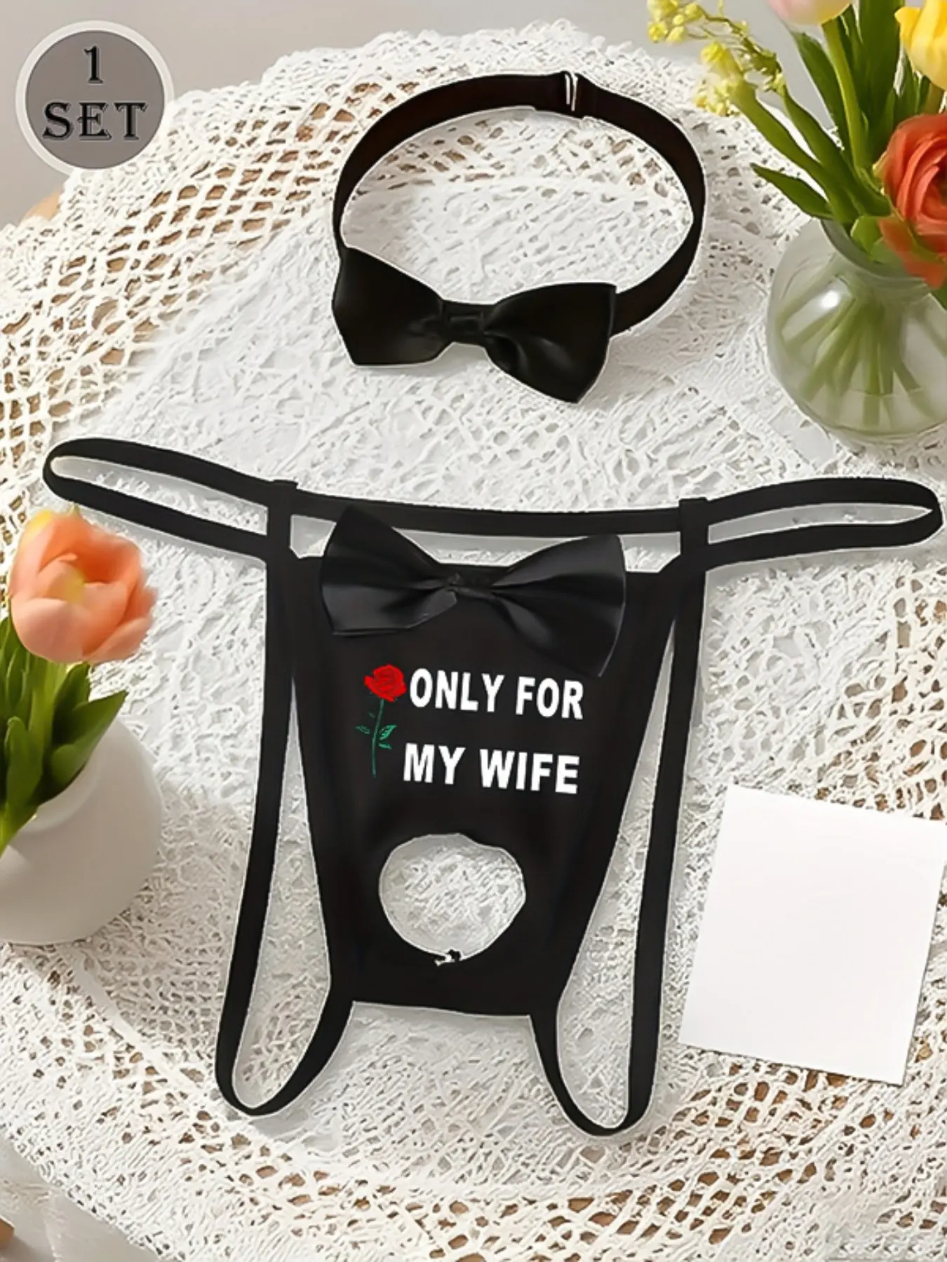Men's Briefs with Bowknot Decoration Set, 2 Pcs Fitted Sexy Underwear, Cutout, Cartoon Pattern, All Seasons Wear