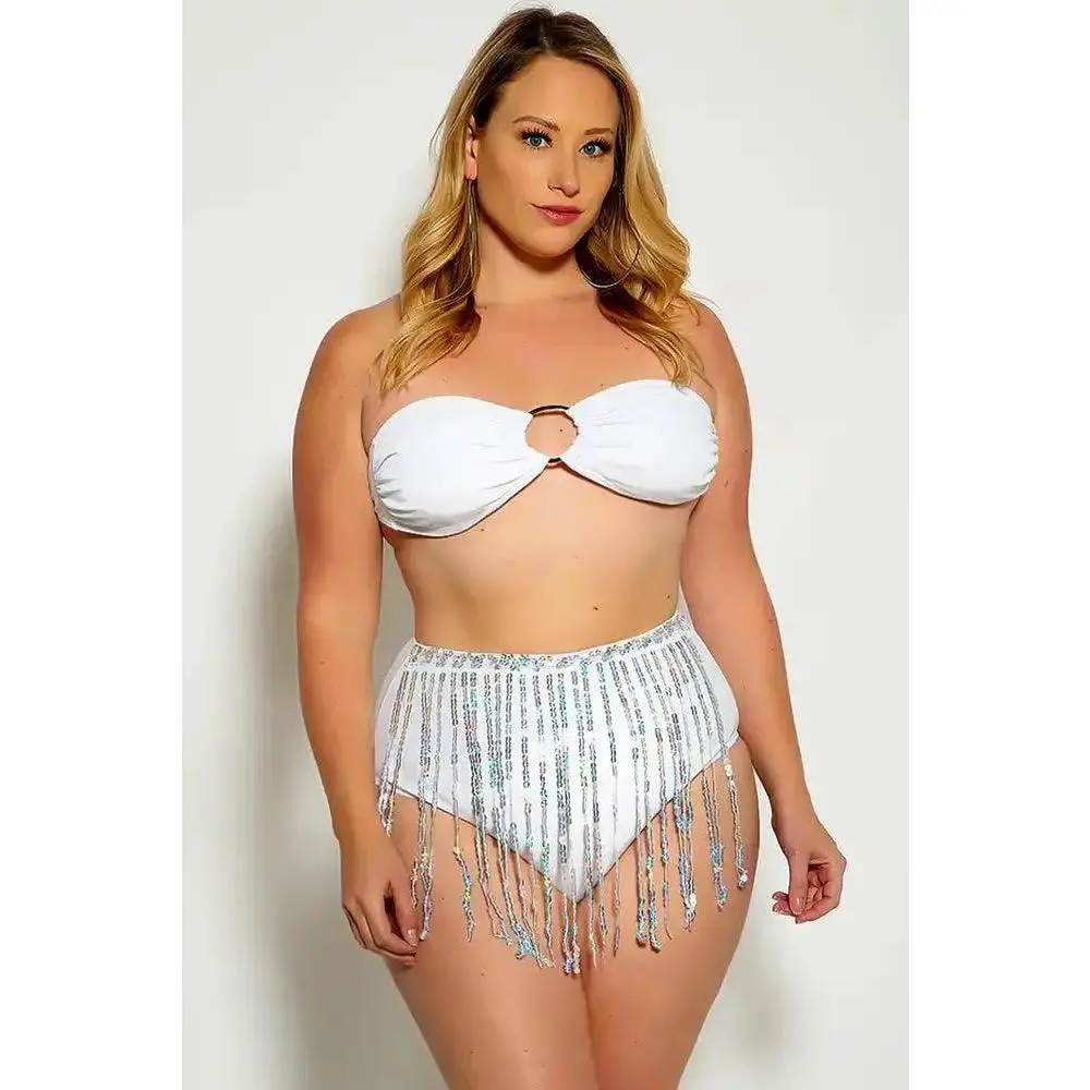 White Fringe Sequins Bandeau Plus Size Two Piece Swimsuit