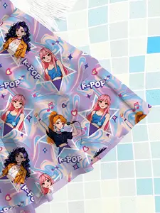 K-Pop Full Print Girls' Swimsuit Set, Two-Piece Skirt Pants for Middle School Kids, Beach Vacation Swimwear, Cartoon Pattern