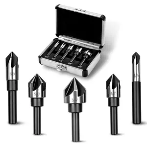 Countersink Drill Bit Set, Countersink Bit, HSS4241 Counter Sink, 82  Countersink 1/4'' 3/8'' 1/2'' 5/8'' 3/4'', 5 Flute Pcs for , Plywood, Plastic, Mild  with  Case