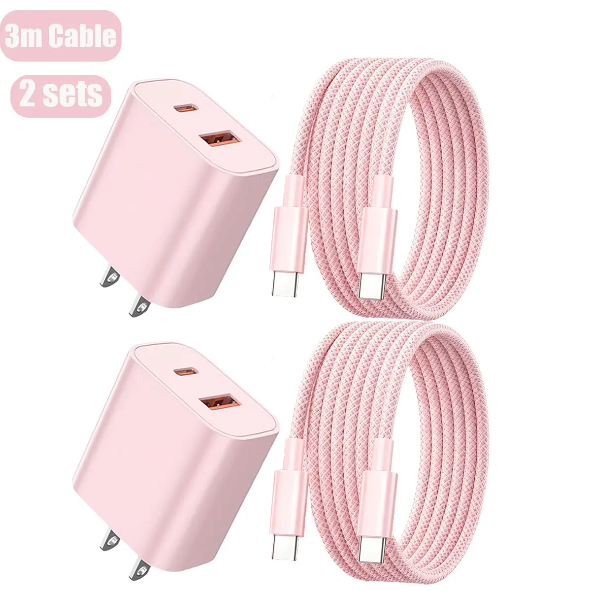 20W+18W USB-C + USB-A Dual-Port Fast Charging kit Wall Adapter with 10ft (3m) Long Braided USB-C to C Charging Cable Compatible for iPhone 17/16/15 Charger Cable, for iPhone Air 17/16 Pro Max/15 Pro/16 Plus/16e/15, MacBook Pro, iPad 11/10-inch