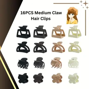 16PCS Medium Claw Hair Clips for Women & Girls – Matte Rectangle, Double Row Teeth, Flower & Semicircle Jaw Clips for Thin to Medium Thick Hair, Non-Slip Design