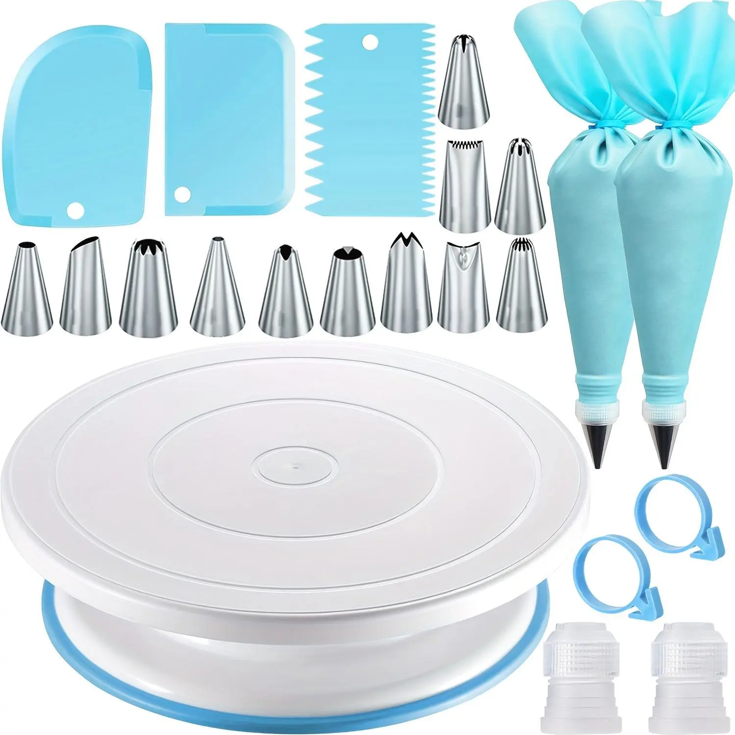22pcs Velostar Cake Decoration Set Featuring Stainless Steel Piping Tips, Two Pastry Bags, Three Scrapers, And a Cake Turntable Stand - Ideal for Holiday Baking And Festive Cake Decoration Supplies