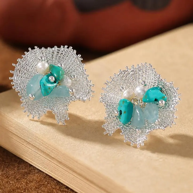 Turquoise-Color Earrings for Women, Gold-Plated Brass Cubic Zirconia Statement Stud & Hoop Earrings, Floral Fashion Jewelry, Gift for Her