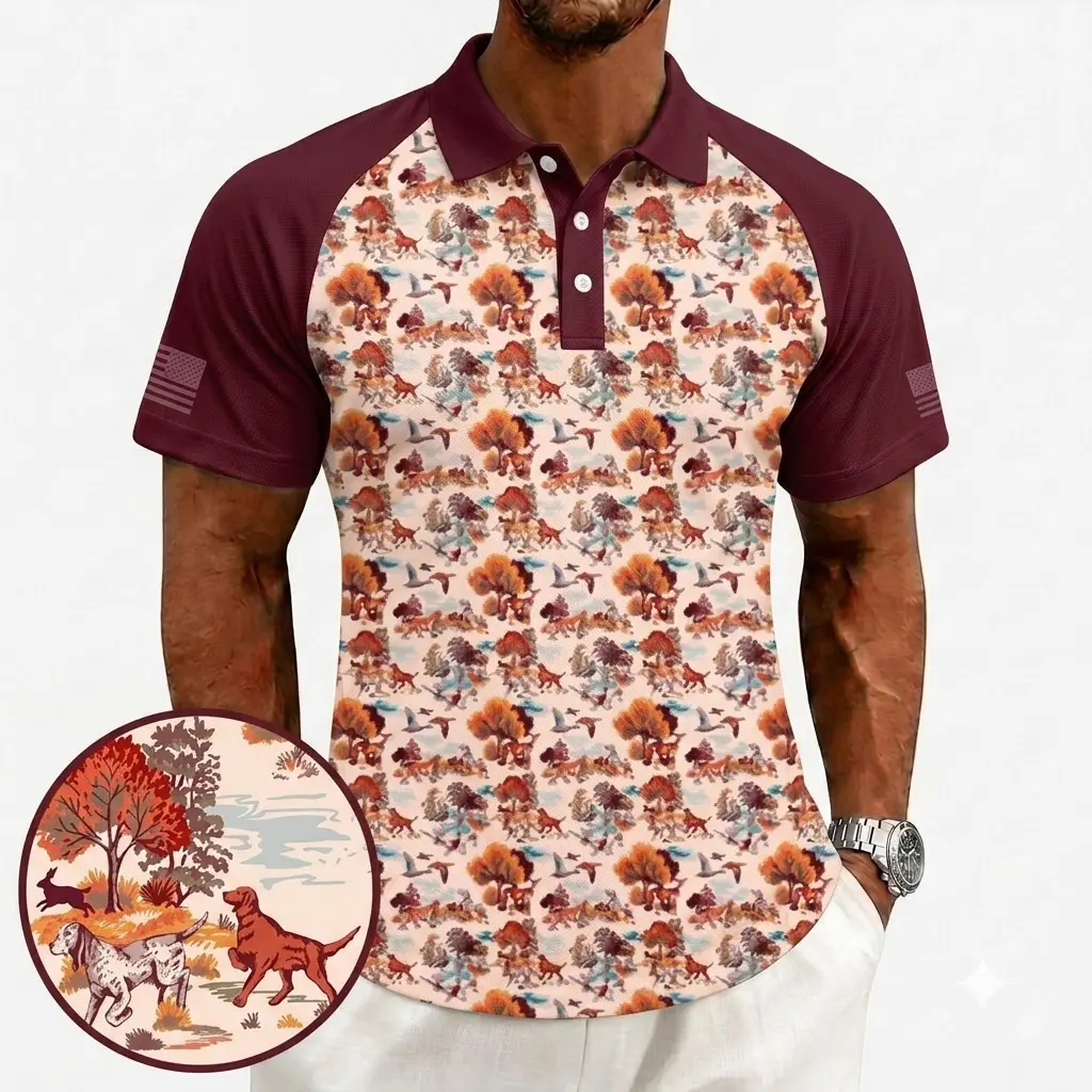 Menswear Vintage Duck Hunting Aesthetic Textured Sublimation Polo Shirt - Personalized Collared Top for Outdoor Mallard Waterfowl, Hunting Dog, Country Cabin Wildlife Sport