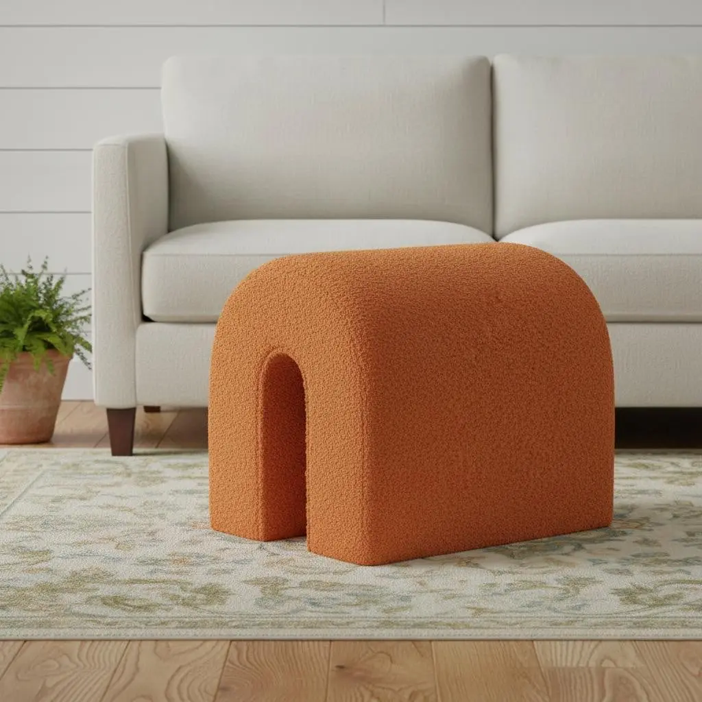 Small Soft Boucle Fabric Ottoman-Type Footstool - Cottage-Style Orange Oval Indoor Single-Seat Stool, 360-Degree Rotatable, 17in 16.93x16.93x16.93in, 240lbs Capacity, Partial Assembly Required, Health Rate Certified, Dry Cloth Wipeable