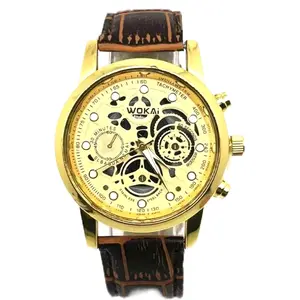 Men's Gold Watch with Brown Leather Strap and Tachymeter Perfect for Style and Telling Time
