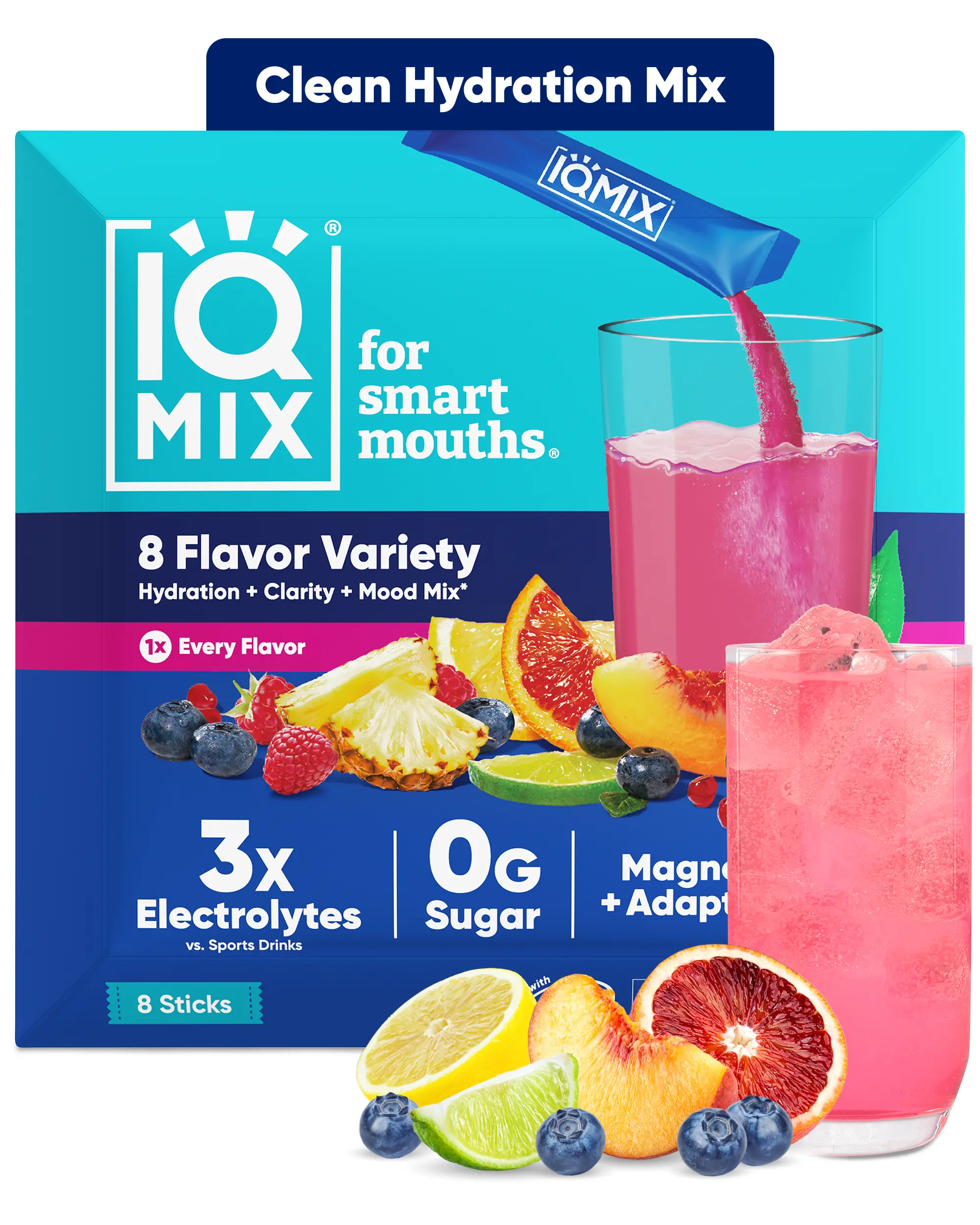 IQMIX Sugar-Free Electrolytes Powder Packets - Non-GMO Vegan Rehydrate Body Supplement with Magtein® Magnesium L-Threonate, Keto Electrolytes, Lion's Mane, Potassium Citrate, Natural Ingredients, Lemon, Raspberry, Vegetable Juice - 8-Count Sampler