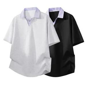 Men’s summer patchwork striped polo shirt with a turn-down collar; loose, premium-feel casual top from a trendy brand—fashionable, versatile, simple, and lightweight.