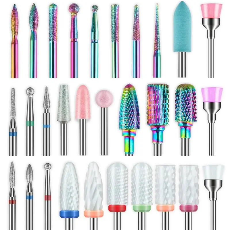 30Pcs Nail Drill Bits Set: 3/32 Inch Carbide Cuticle Ceramic Diamond Nail Bits for Nail Drill for Acrylic Gel Nail Manicure Pedicure Remover Tools for Home Salon