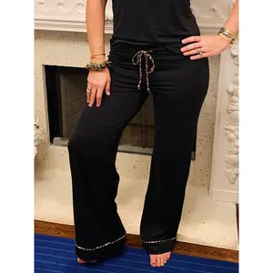 Black with Leopard Trim Wide Leg Pants