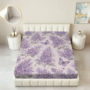 1Pc Lavender Butterfly Floral Fitted Sheet Mattress Protector Spring Theme, Purple Lilac Bedding Mattress Protector Breathable, Soft Comfortable Bedding Mattress Cover, for Bedroom Guest Room.