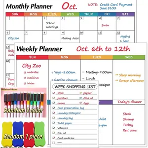 7 Piece Set Magnetic Erasable Refrigerator Calendar, Includes 3 Planning Boards, 3 Random Color Pens, 1 Random Color Board Eraser, Monthly Planner