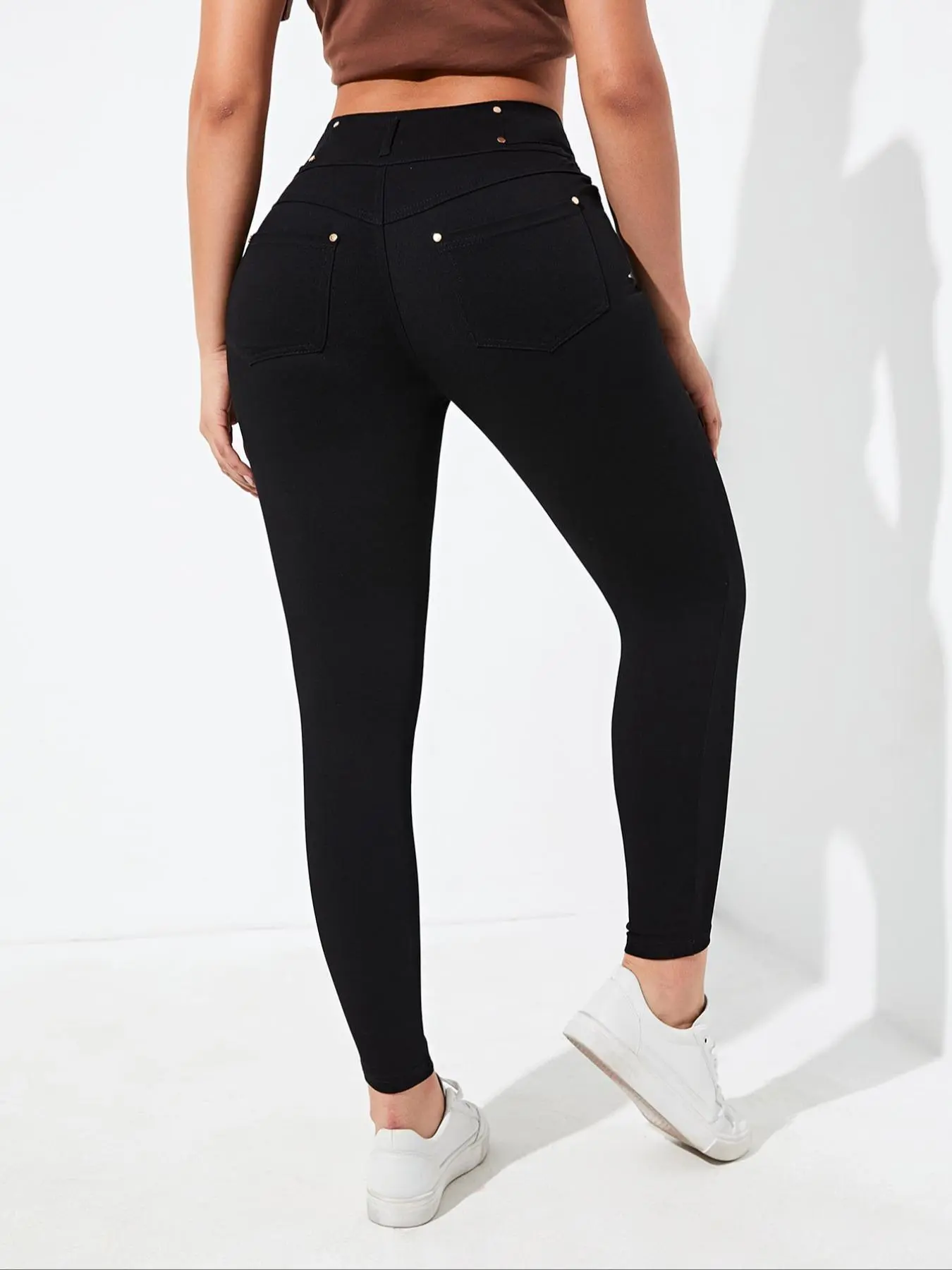 Women's Plain High Waist Pocket Skinny Pants, Elegant Button Trousers for Work Office Business, Ladies Bottoms for All Seasons, Womenswear, Casual Skinny Pants
