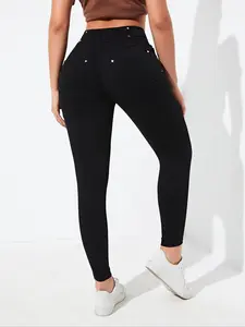 Women's Plain High Waist Pocket Skinny Pants, Elegant Button Trousers for Work Office Business, Ladies Bottoms for All Seasons, Womenswear, Casual Skinny Pants