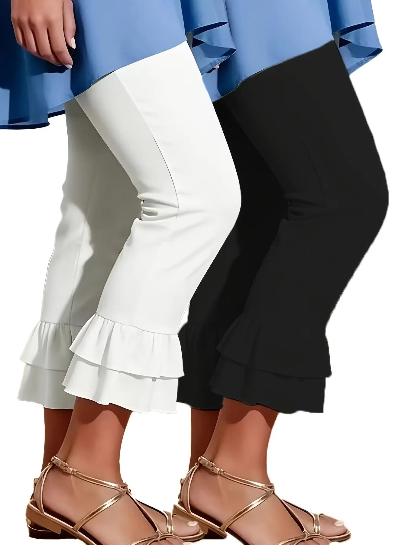 3457 Two-Pack Solid Color Best-Selling Fashion Women’s Stretch Capri Pants, Elastic Waistband, Medium Stretch Knit Fabric, Casual Base Layer Pants for All Seasons Breathable Basic Womenswear Bag Bottoms Chiffon Cropped Cropped Top Everyday Fitted Drape