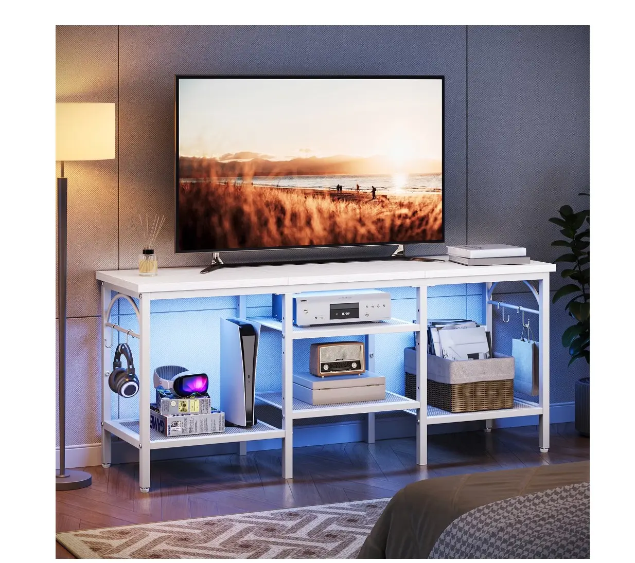 TV Stand for TVs up to 55 Inch, LED Light Entertainment Center with Open Storage Shelves, TV Media Console Table for Living Room, Bedroom, White