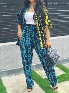 Two-Piece Set Women's Colorblock Leopard Print Button Front Blouse & Elastic Waist Pants Set, Casual Street Half Sleeve Collared Top & High Waist Trousers For Daily Wear, Ladies Clothes For All Seasons