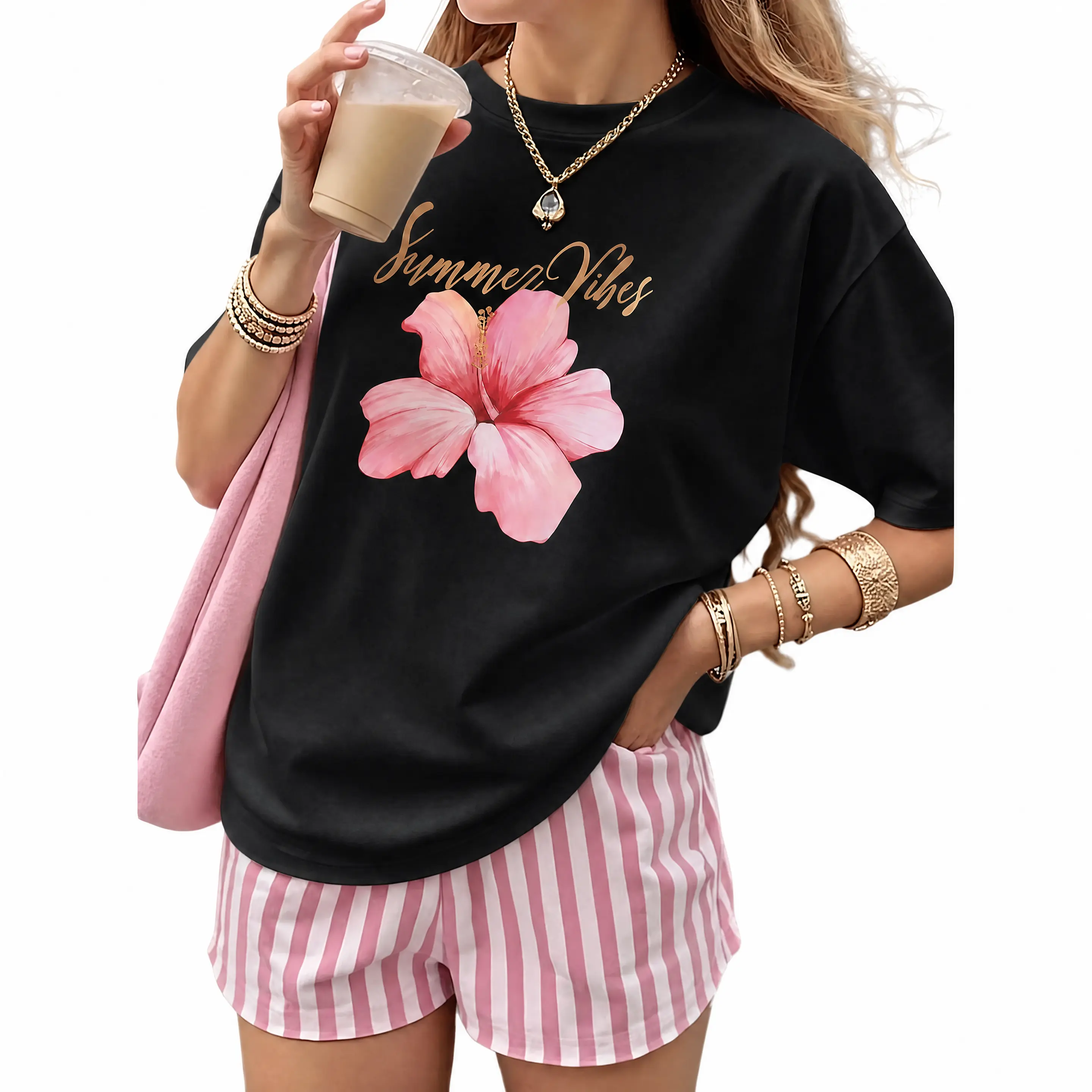 Summer Vibes Hibiscus Shirt for Women, Pink Tropical Flower Graphic Tee, Beach Vacation T-Shirt, Casual Summer Fashion Top