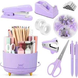 Purple Office Supplies Set, Purple Office Desk Accessories 10PCS, Pencil Holder for Desk, Stapler, Tape Dispenser, Scissors, Ruler, Binder/Paper Clips and 1000pcs Staples,Desk Supplies Set
