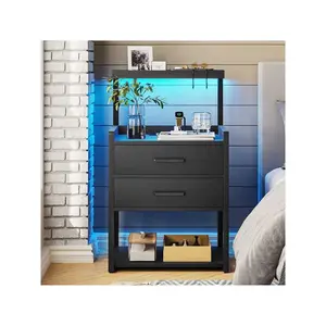 Nightstand LED Lights And Charging Station 2 Drawers Bedside Table With Storage Shees  Garage Storage