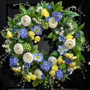 24 Inch Spring Wreath for Front Door, Artificial Hydrangea, Anemone & Wild Daisy Flowers, Berry Accents, Indoor Outdoor Decor