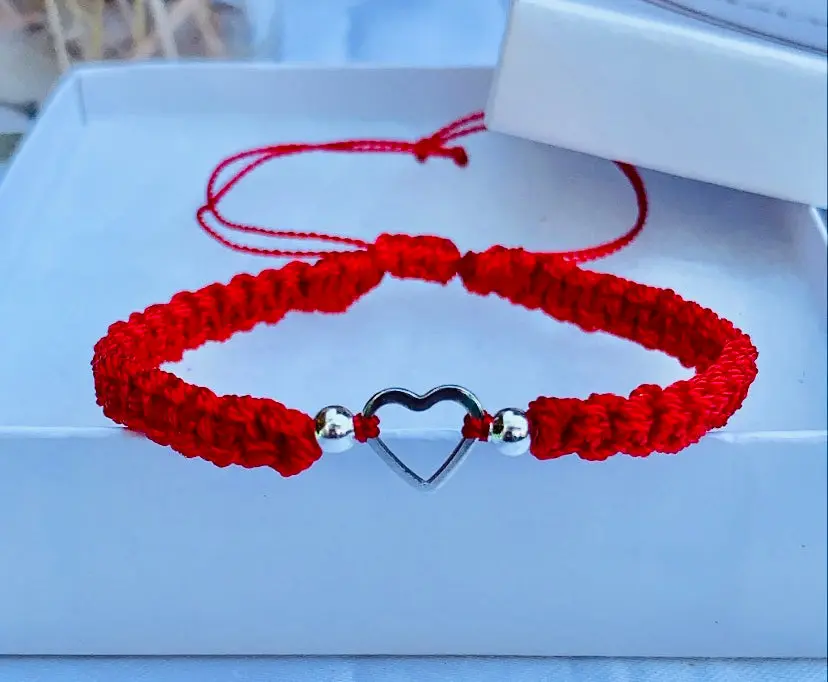 Women's Handmade High Quality Yarn Bracelet with Silver Heart Charm - USA-Made Female Everyday Jewelry Gift, Red and Silver Bracelets & Bangles