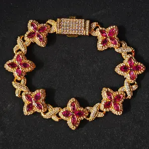 Loveden Four Lear Clover Gems Bracelet For Men & Women Party Gift Gold Tone Copper & Zircon Synthetic Diamonds Adjustable Bangle Necklace Charm Fashion Trendy Jewelry Accessories