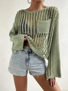 Women's Round Neck Solid Color Hollow Out Semi-Transparent Loose Fit Lazy Fashion Casual Summer Knit Pullover Top