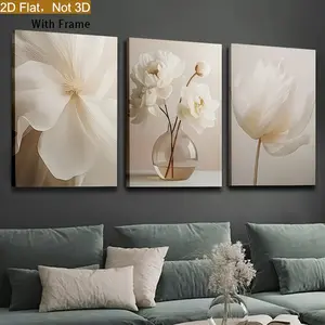 2D print, 3-piece 2D/flat print framed canvas paintings and posters, ready to hang and use, beige floral pattern, modern aesthetic floral home decor, wall art, room decoration, home wall painting, 2D print, ideal gift, living room, bedroom, dining room, o