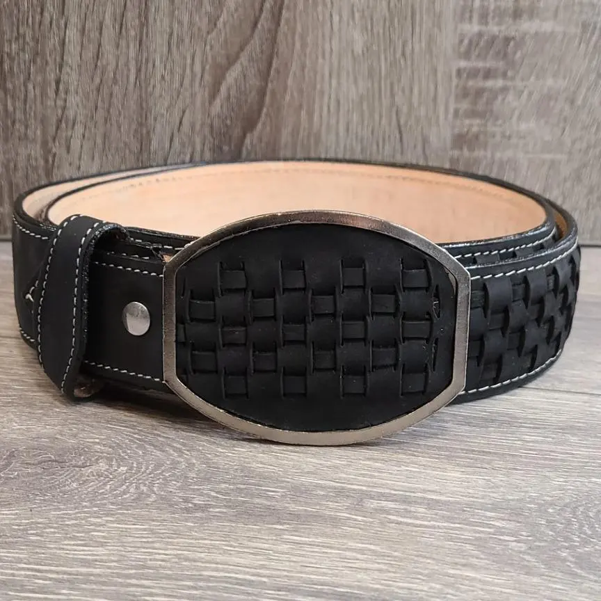 White Dimond Unisex Heavy Duty Waist Belt, Weaved Cow Hide Black Leather Belt