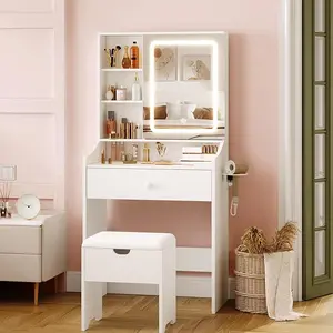 Vabches Small Makeup Vanity Desk with Mirror and Lights,Adjustable 3 Lighting Modes, White Vanity Set with Charger Station and Stool