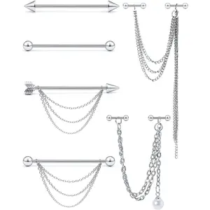 14G Stainless Steel Industrial Earrings with Chain Dangle Industrial Piercing Jewelry Cartilage Earring Industrial Barbell for Women Men 38mm 11/2 Inch