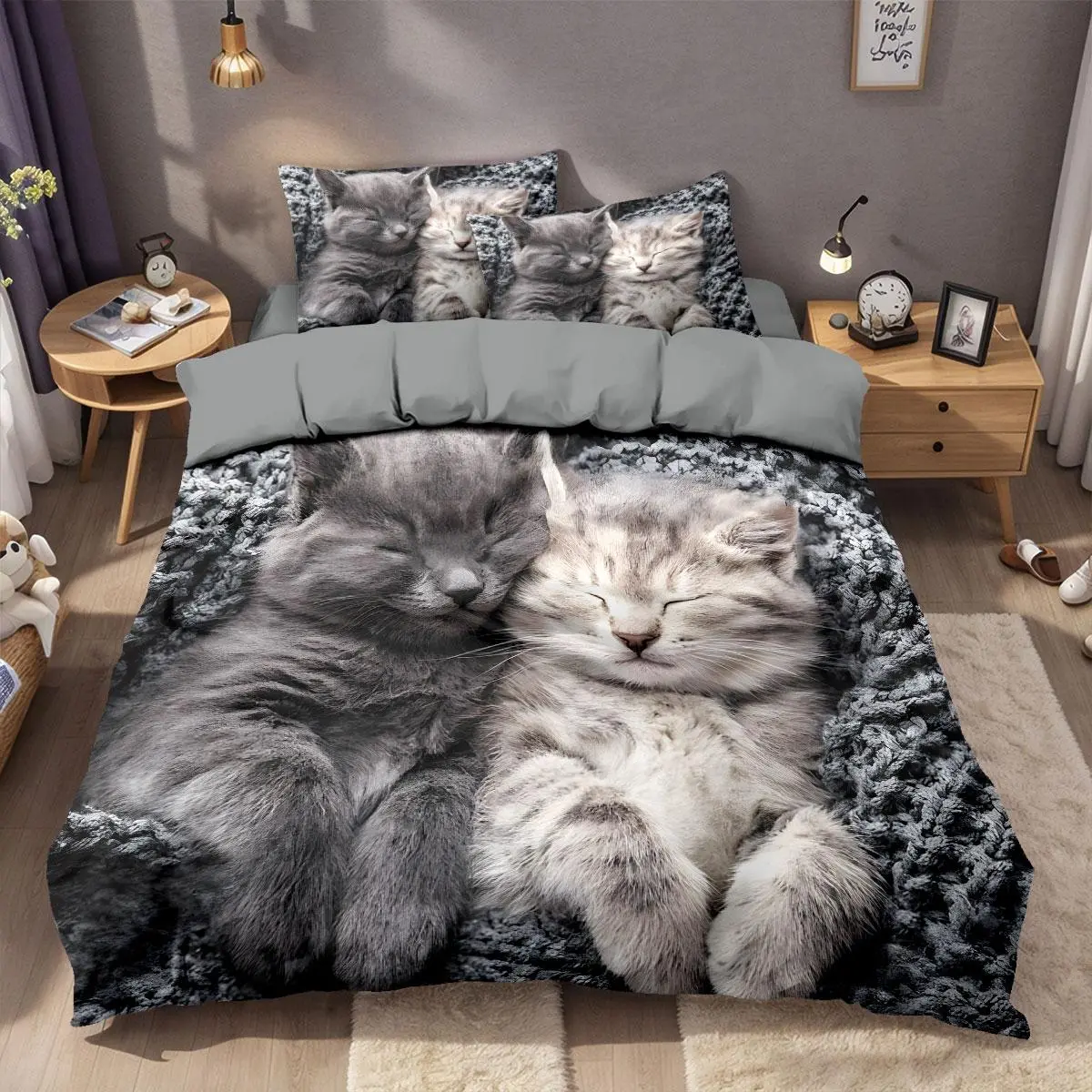3pcs gray couple's cat 3D printed Bedroom Quilt Cover set, Breathable Duvet Set, is skin-friendly, breathable, soft, comfortable. Machine washable, Washable Covers, suitable for all seasons. 1 quilt cover +2 pillowcases. Bedding set without pillow core