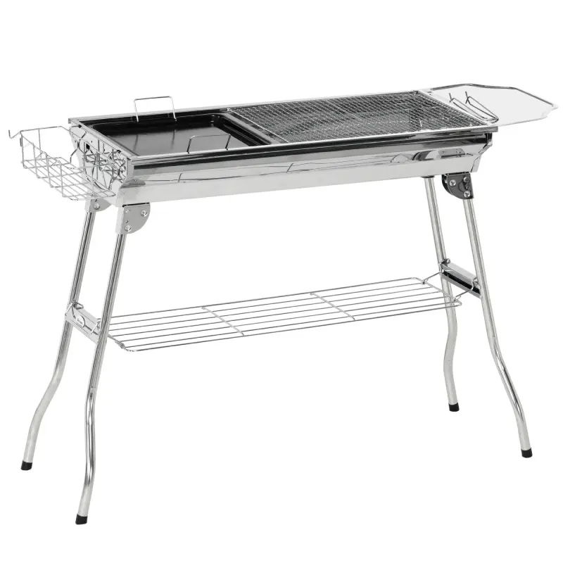 Outsunny Portable Stainless Steel Charcoal Barbecue Grill - Foldable Outdoor Hibachi with Grill Grate and Pan, Side Basket, Shelves, Hooks, for Backyard Cooking, Camping, Travel