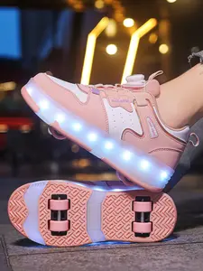 Girls' Four-Wheel Roller Skates, Adjustable LED Light-Up Shoes, PU Leather, USB Charging, Detachable Wheels, All-Season Casual Style