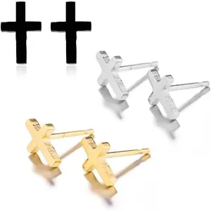 Graduation Gift 3 Pairs Stainless Steel Mens Cross Stud Earrings Black Silver Gold Cross Stud Earrings