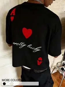 Men's Red Heart Ace Printed Cropped T-Shirt, Casual Streetwear for Daily & Party and Streetwear
