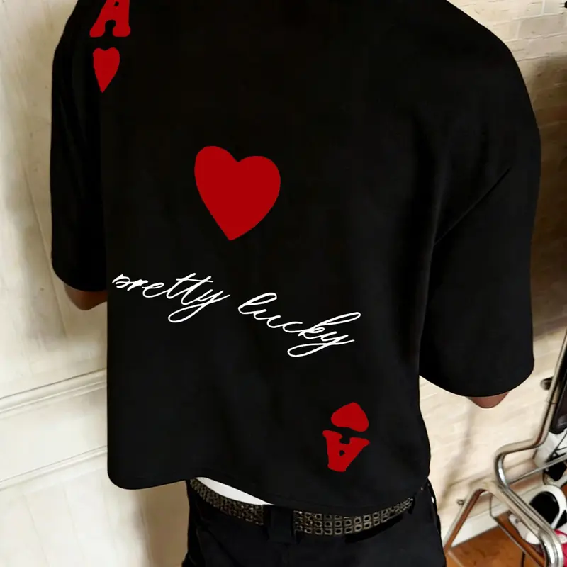 Men's Red Heart Ace Printed Cropped T-Shirt Fashion Tees Top Streetwear for Daily & Party and Streetwear, Menswear