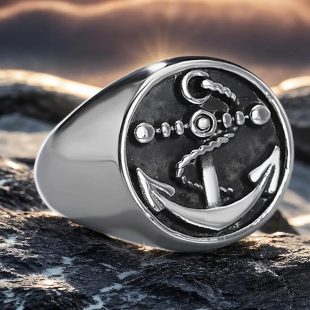 Men's Trendy Punk-Funky Boat Anchor Ring - Sturdy Stainless Steel Male Wedding Band, Sturdy and Non-Fading Texture, Floral Geo Pattern for Party, Daily Wear