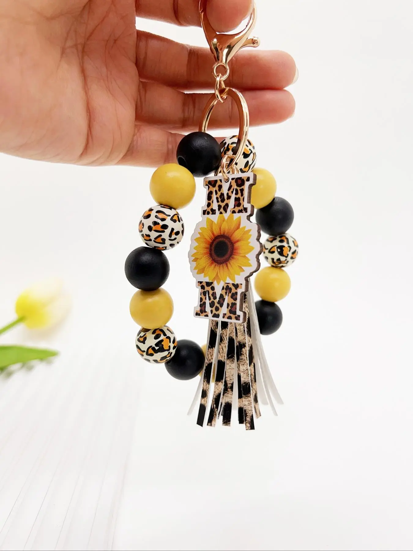 Mother's Day Gift Boho Style Leopard Print Beaded Tassel Keychain Keyring, Stylish Keychain, Floral Pattern Keychain, Fashionable Sunflower & Letter Design Keychain for Women & Girls, Trendy All-match Keychain for Birthday Gift, Charms