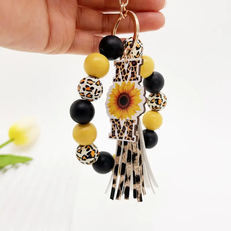 Mother's Day Gift Boho Style Leopard Print Beaded Tassel Keychain Keyring, Stylish Keychain, Floral Pattern Keychain, Fashionable Sunflower & Letter Design Keychain for Women & Girls, Trendy All-match Keychain for Birthday Gift, Charms, Aesthetic Keychain