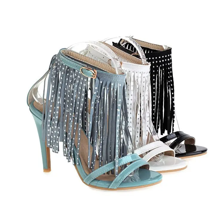 Women's High Heel Sandals - Open Toe, Black Petal Style with Stud Detail and Dangling Fringes