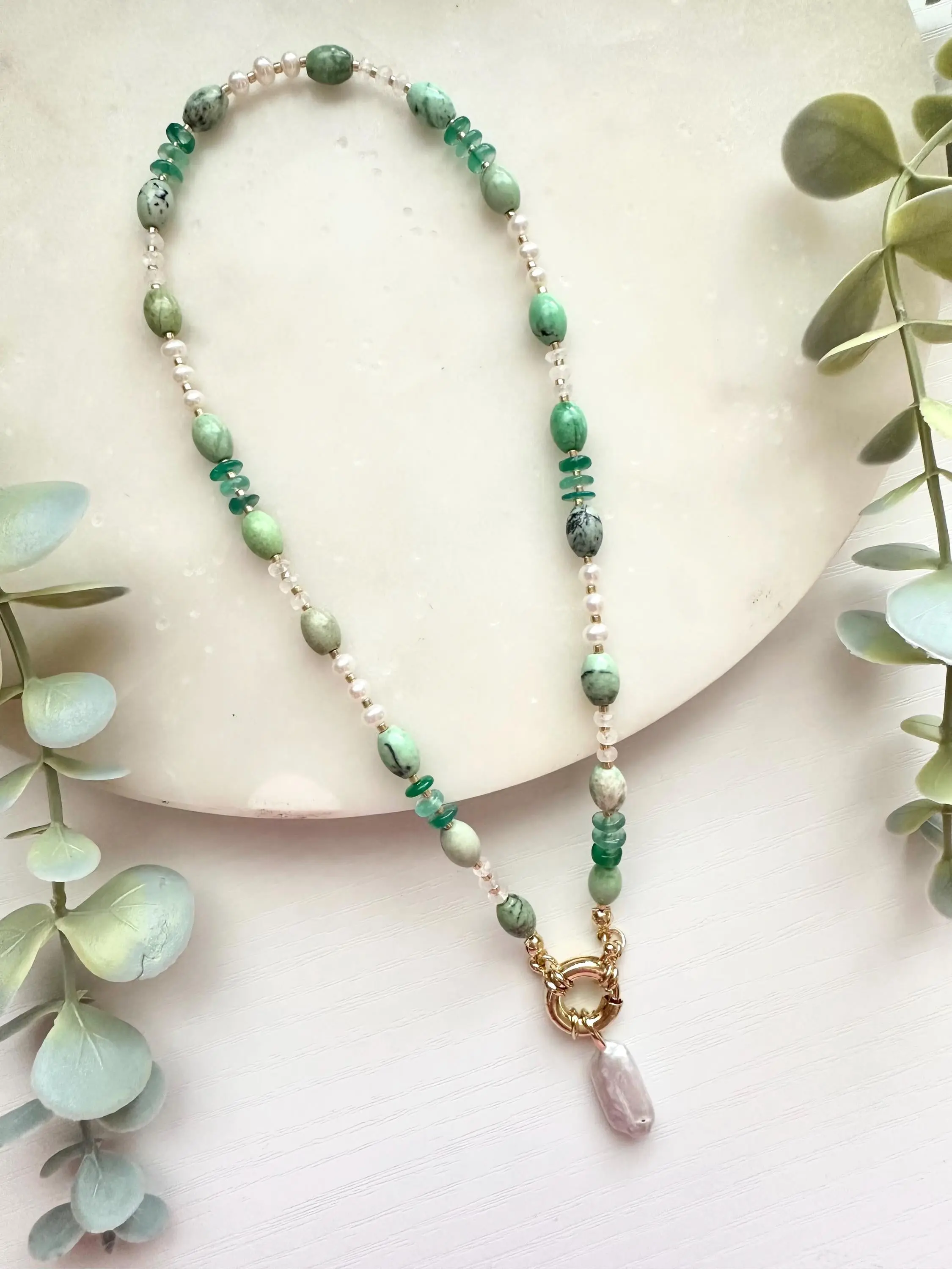 Chrysoprase Pearl Necklace, Green Onyx Necklace, Freshwater Pearl Necklace, Rainbow Moonstone Necklace, Coastal Gemstone Necklace