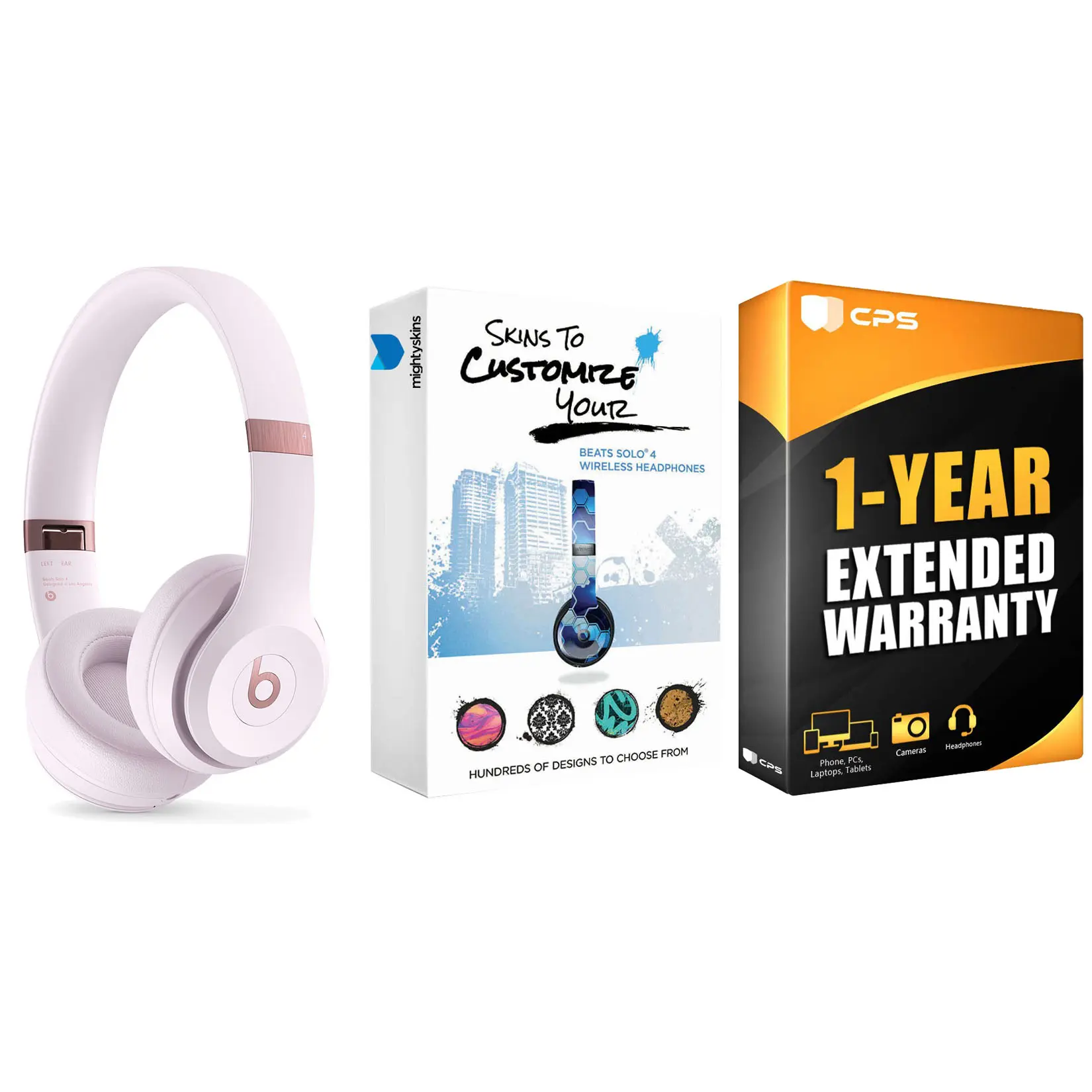 Beats Solo 4 Bluetooth Wireless On-Ear Headphones with MightySkins Protective Skins and 1 Year Extended Warranty Bundle - Cloud Pink
